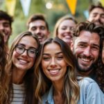 Grupo diverso de jovens sorrindo e celebrando ao ar livre.