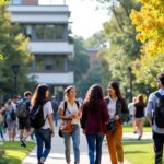 Cena de campus com estudantes diversos em discussão.