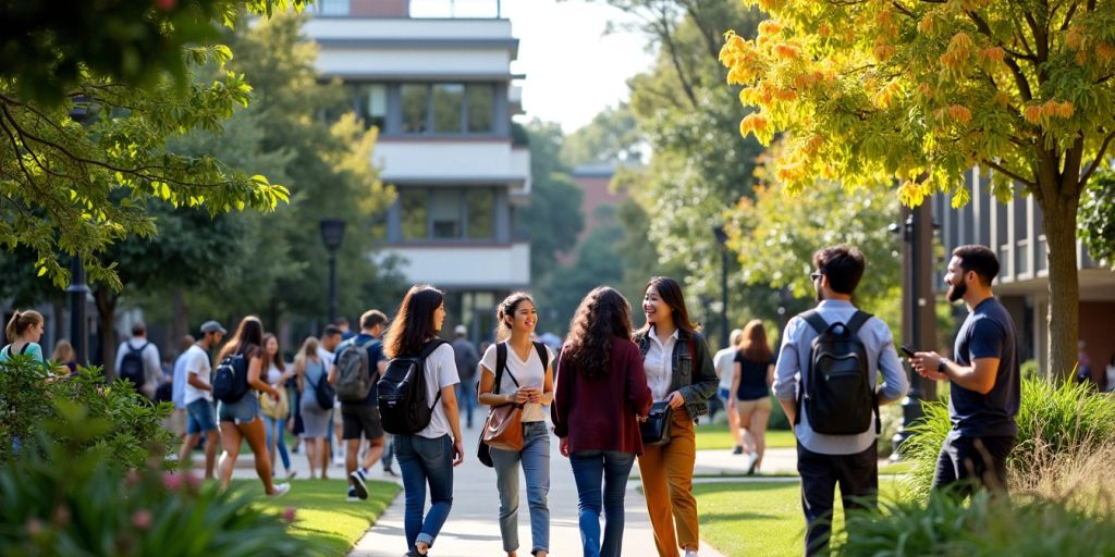 Cena de campus com estudantes diversos em discussão.