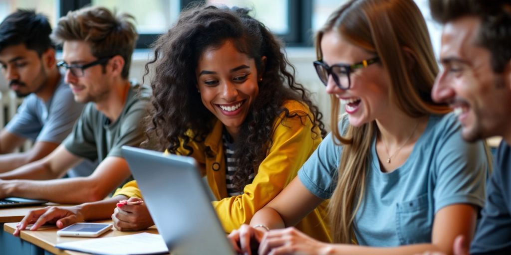 Jovens aprendendo habilidades digitais em sala de aula.