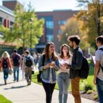 Estudantes em um campus moderno e vibrante.