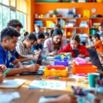 Sala de aula vibrante com alunos engajados em atividades.