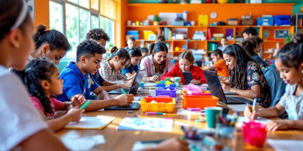 Sala de aula vibrante com alunos engajados em atividades.