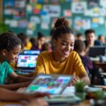 Estudantes em sala de aula com laptops e energia positiva.