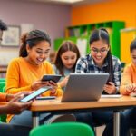 Alunos utilizando dispositivos digitais em sala de aula moderna.