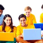 Estudantes diversos aprendendo online em um ambiente moderno.