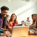 Estudantes animados em sala de aula moderna e colaborativa.