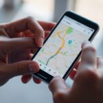 Mãos segurando smartphone com mapa na tela.