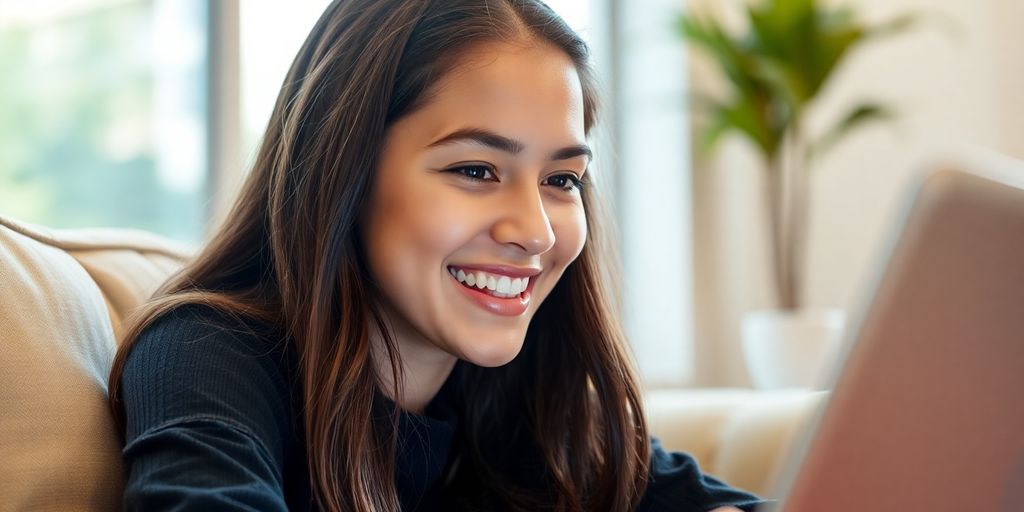 Jovem feliz a estudar inglês online