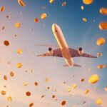 Avião decolando com malas e moedas caindo.