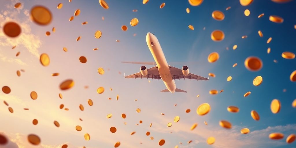 Avião decolando com malas e moedas caindo.