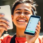 Jovem sorrindo com smartphone e dinheiro.