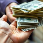Dinheiro em notas e moedas com mão recebendo.