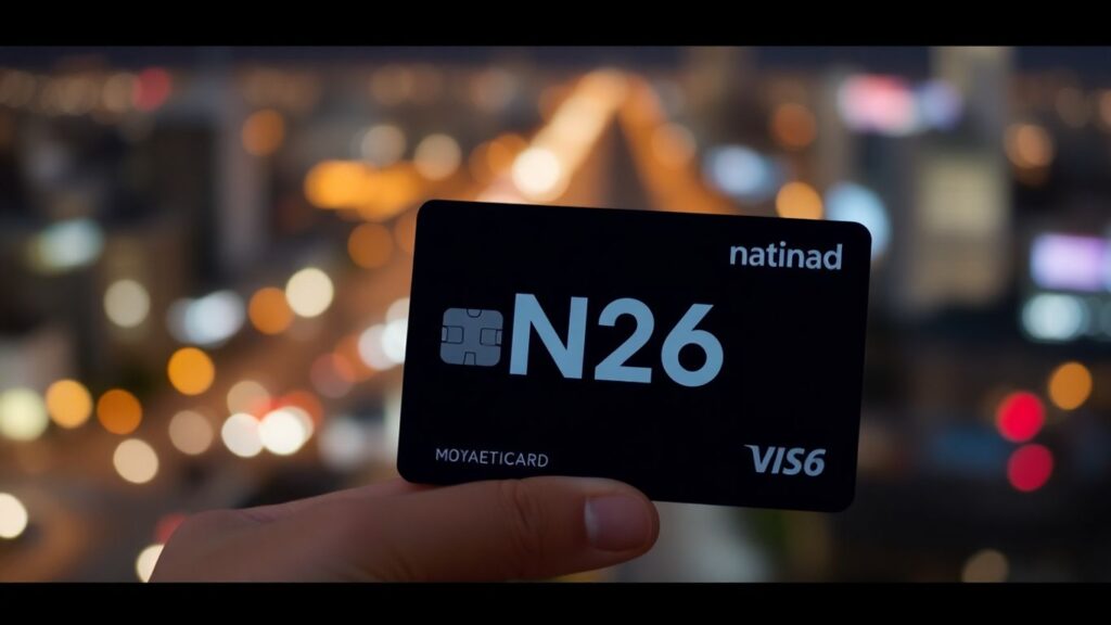 N26 Mastercard in einer Hand vor Stadtlichtern