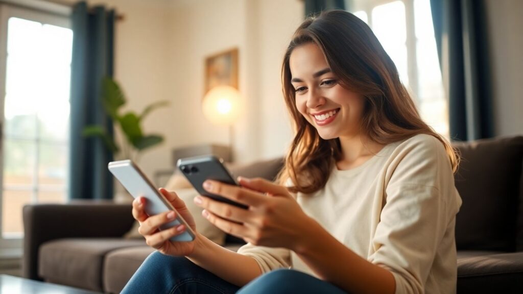 Mulher sorrindo usa celular em casa para empréstimo online.
