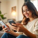 Mulher sorrindo usa celular em casa para empréstimo online.