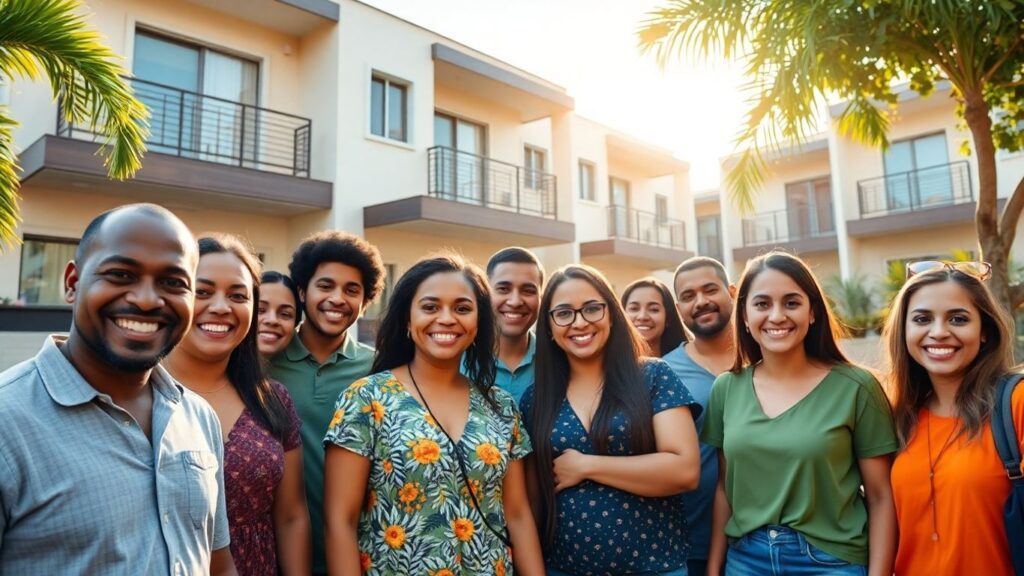 Família feliz em frente a casa nova do Minha Casa Minha Vida.