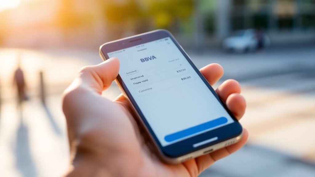 Mano con teléfono mostrando app BBVA