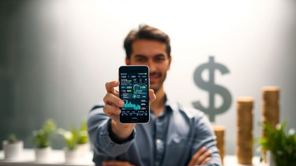 Persona feliz usando un teléfono para finanzas.
