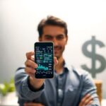 Persona feliz usando un teléfono para finanzas.