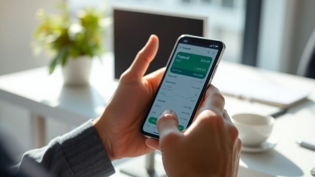 Mãos segurando celular com aplicativo financeiro.
