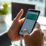Mãos segurando celular com aplicativo financeiro.