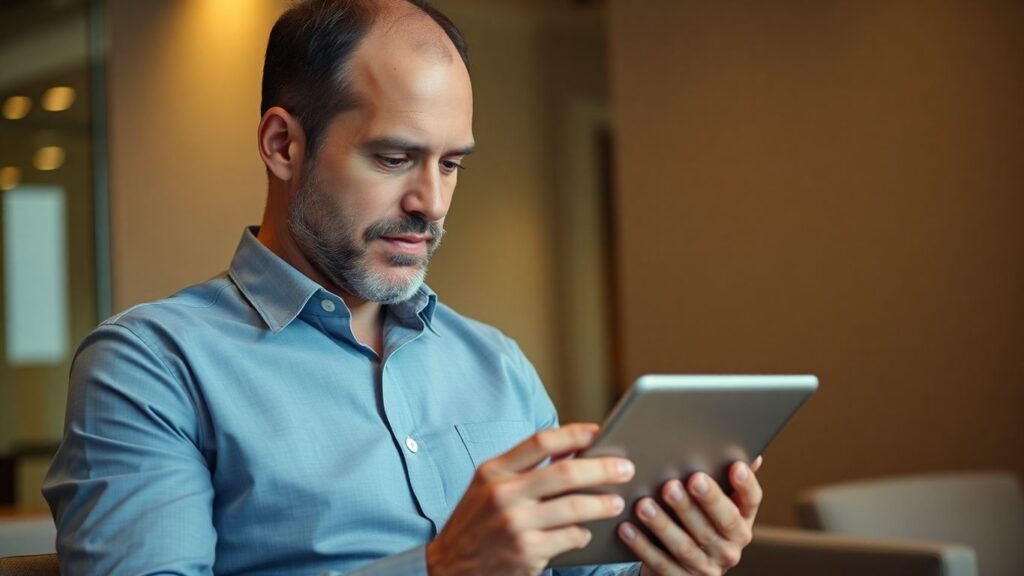 Homem simulando empréstimo consignado BMG no tablet.