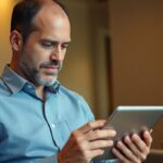Homem simulando empréstimo consignado BMG no tablet.