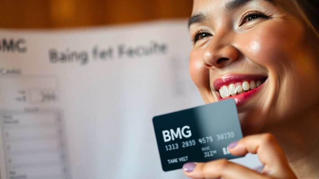 Pessoa sorrindo com cartão BMG e fundo financeiro.