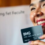 Pessoa sorrindo com cartão BMG e fundo financeiro.