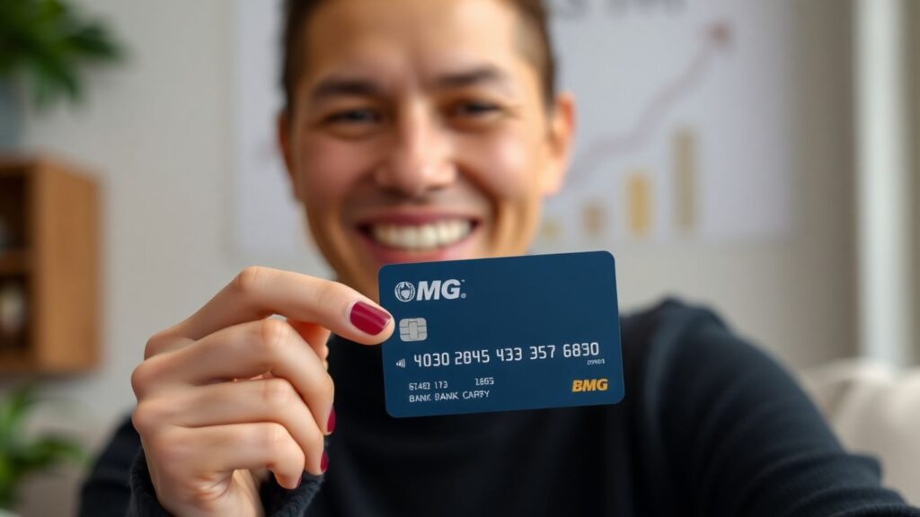 Pessoa sorrindo com cartão BMG, segurança financeira.