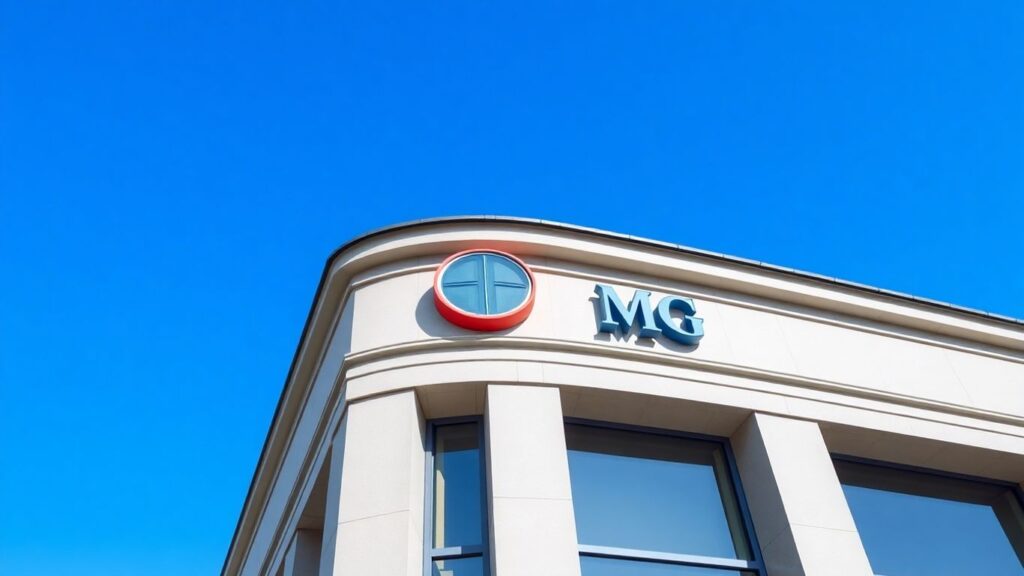 Prédio do banco BMG com céu azul.