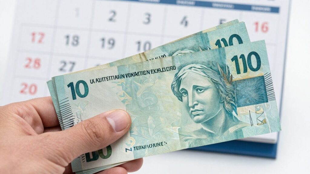 Mão segurando dinheiro com calendário ao fundo