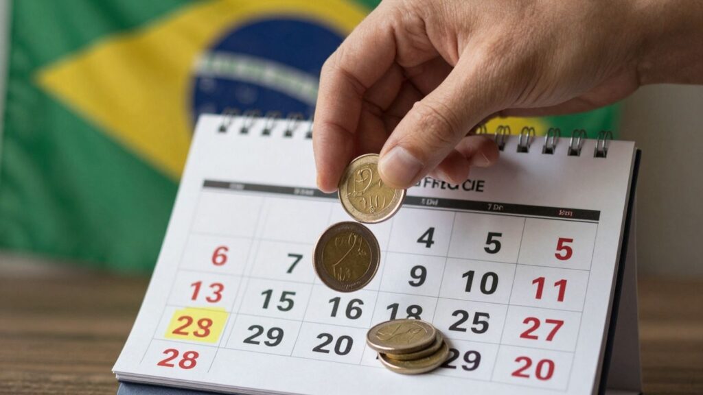 Calendário PIS/Pasep com moedas e bandeira do Brasil